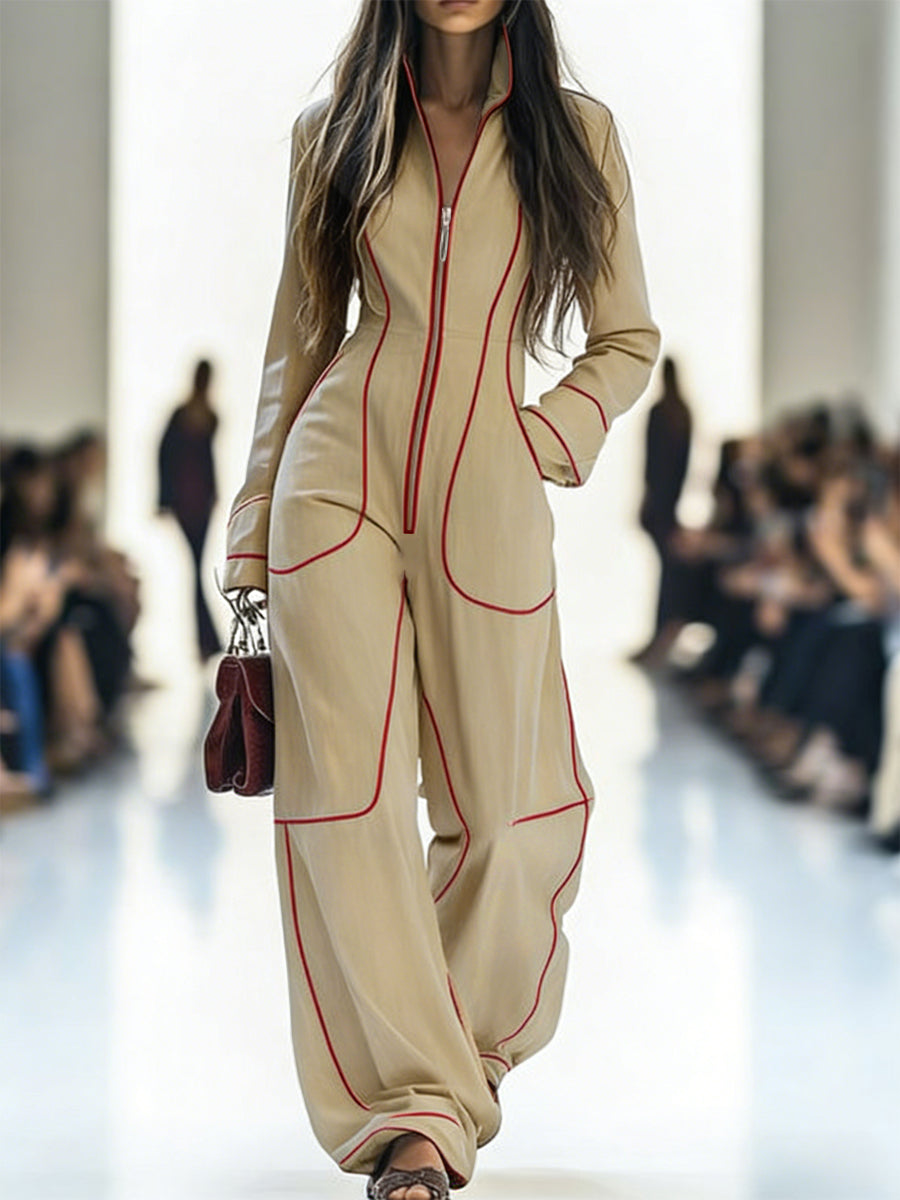 Denim Long Sleeve Jumpsuit with Stand Collar and Wide Leg