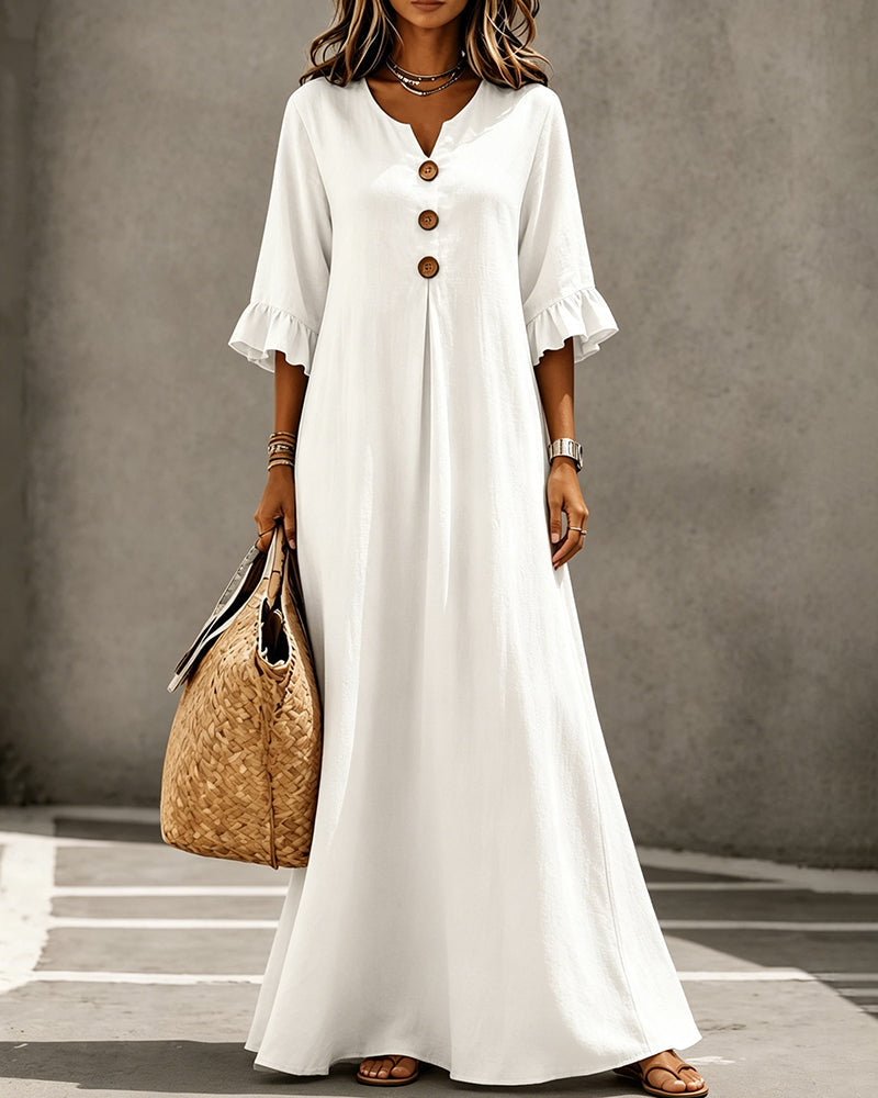 Button ruffle full skirt maxi dress in white, styled view