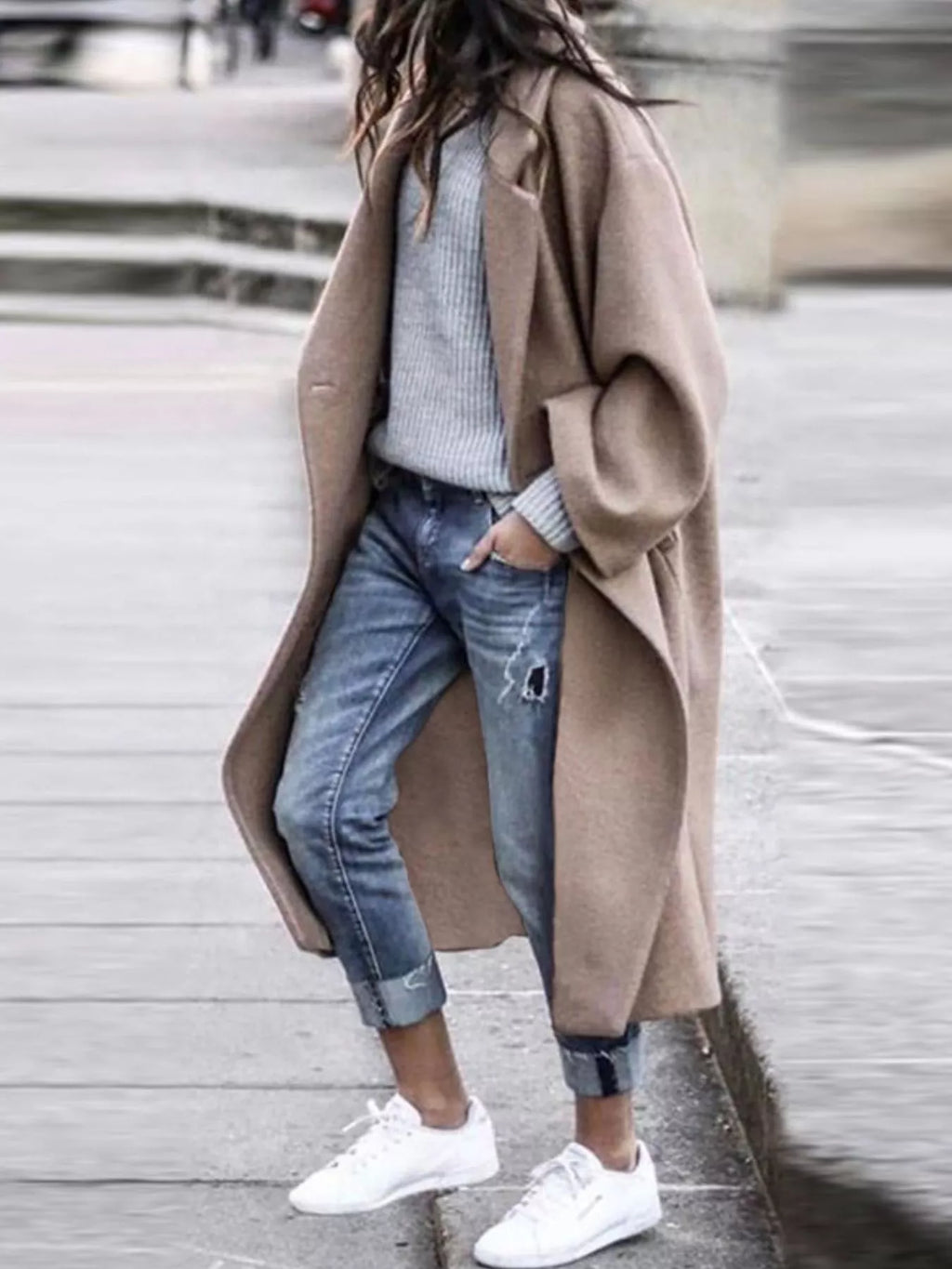 Oversized wide sleeve single breasted long coat with wide sleeves