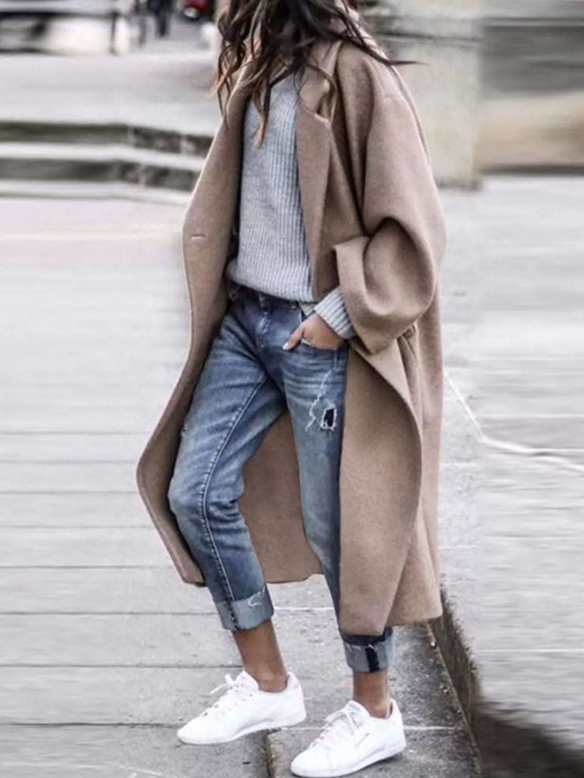 Oversized wide sleeve single breasted long coat with wide sleeves