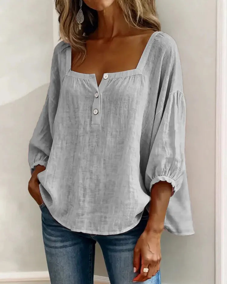 Square neck shirt in blue, loose relaxed fit and batwing sleeves | Alba Muse