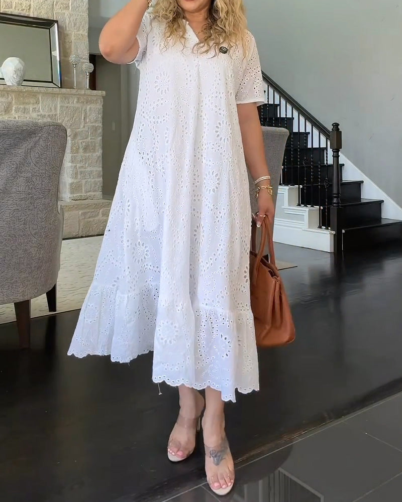 White V-Neck Hollow-Out Ruffle Trim Midi Dress
