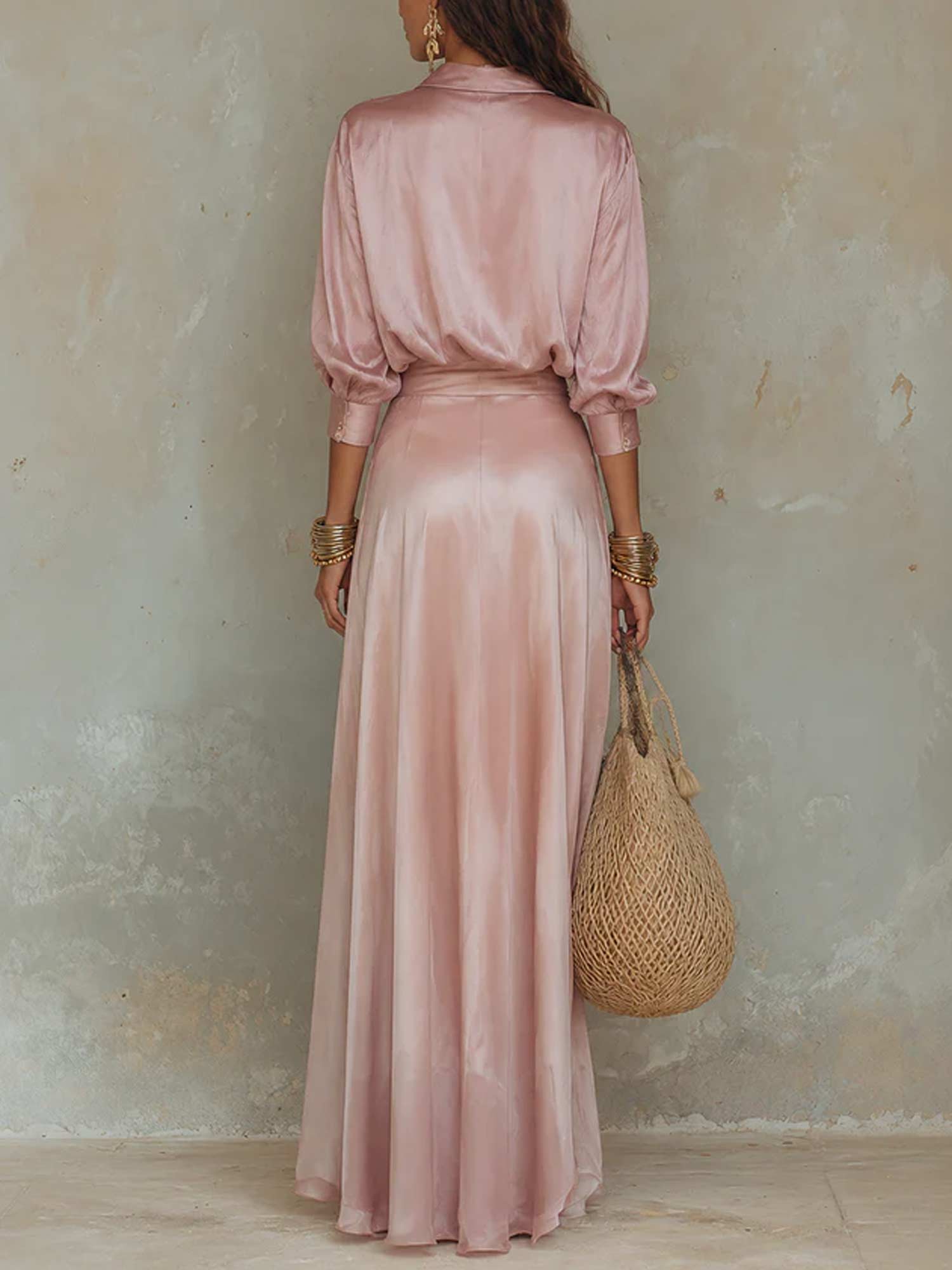 Women's satin shirt and wide leg trouser set in dusty pink, back view