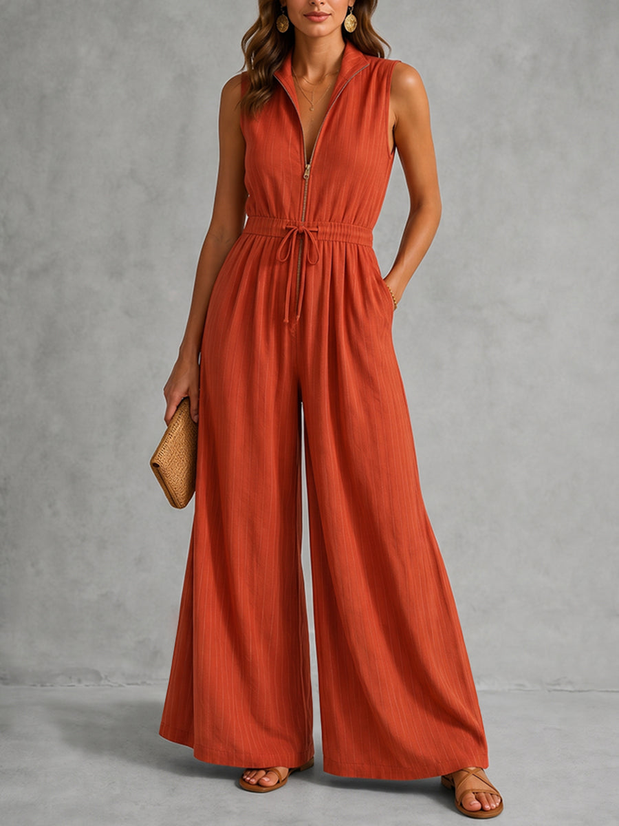 Orange sleeveless stand collar jumpsuit, front view