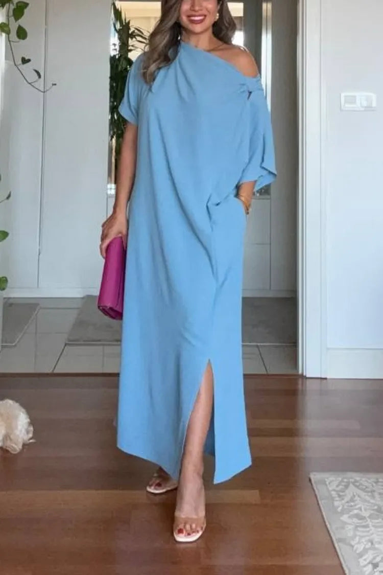 Asymmetric maxi dress side view, flowing skirt and elegant drape | Alba Muse