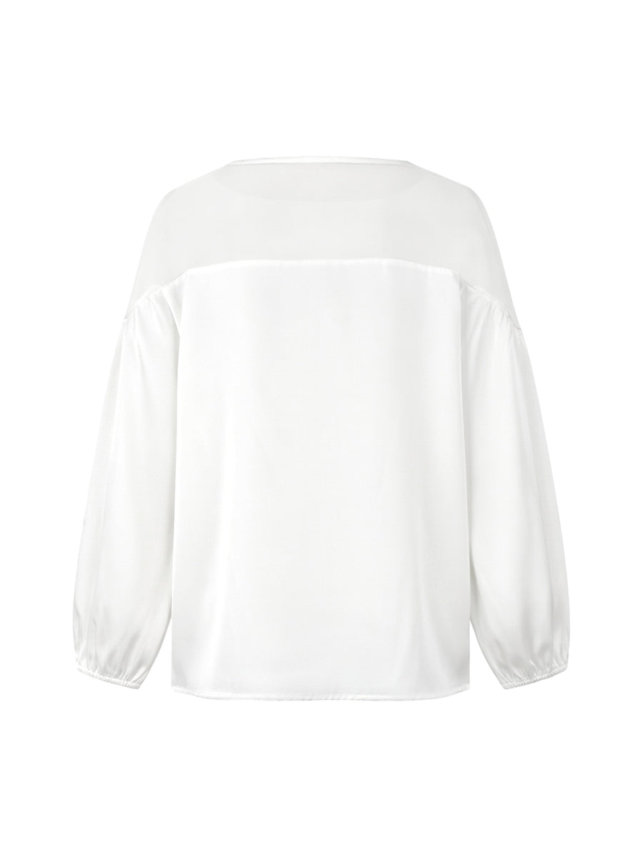White Floral Applique Mesh Puff Sleeve Blouse