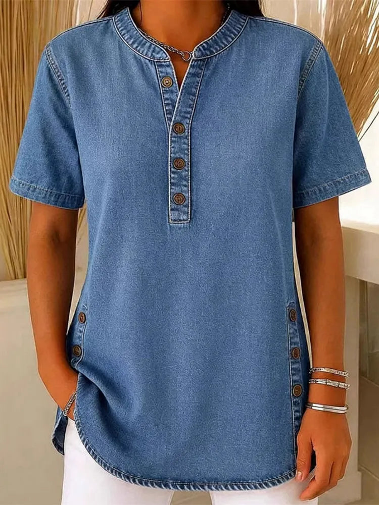 Casual denim shirt front view, relaxed silhouette for everyday wear | Alba Muse