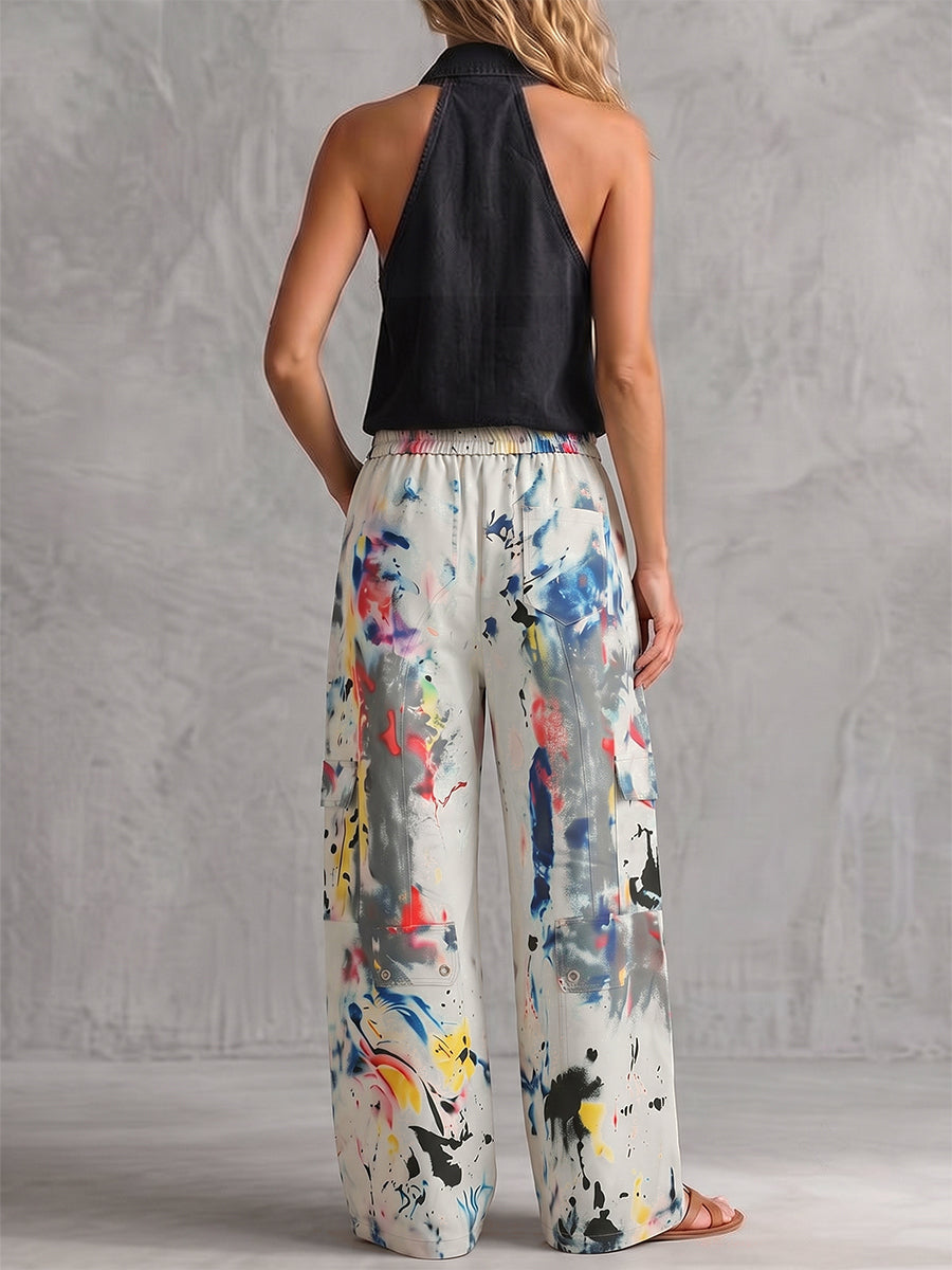 Graffiti Print Wide-Leg High-Waisted Jeans