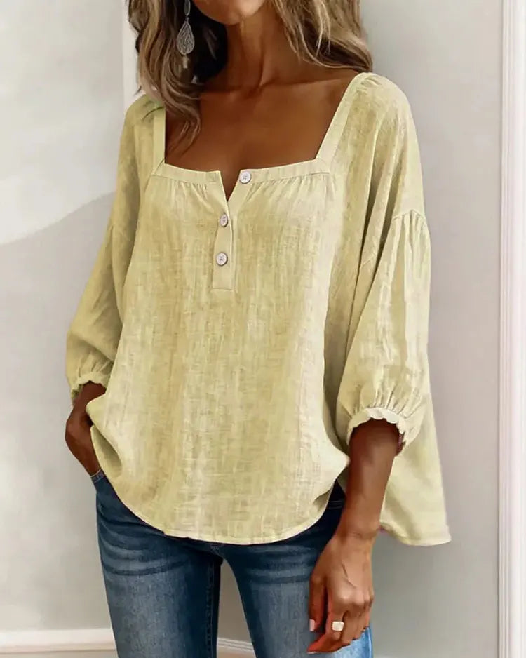 Square neck half-button shirt in white, back view relaxed fit | Alba Muse