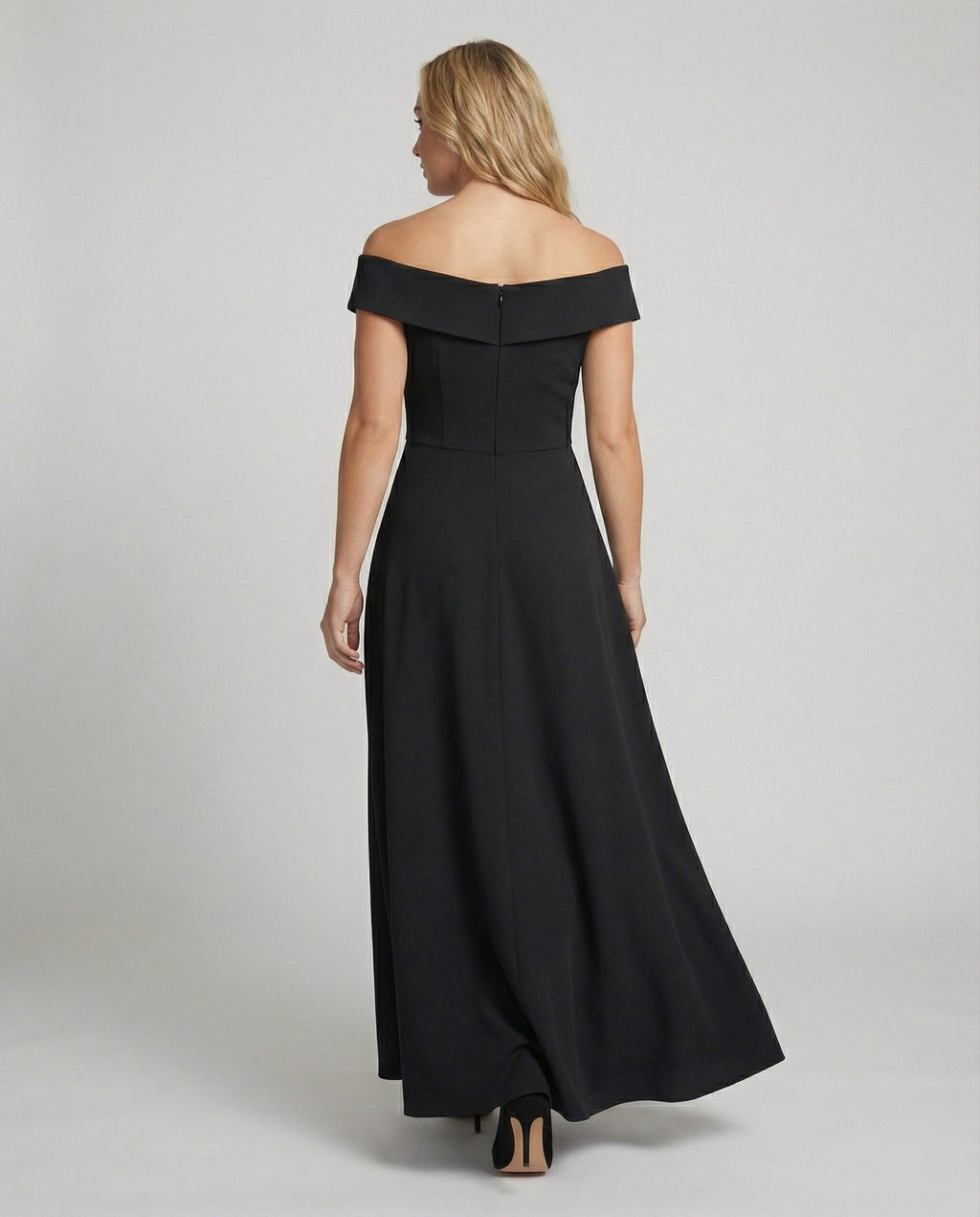 Women's off-shoulder formal occasion maxi dress, full length back view