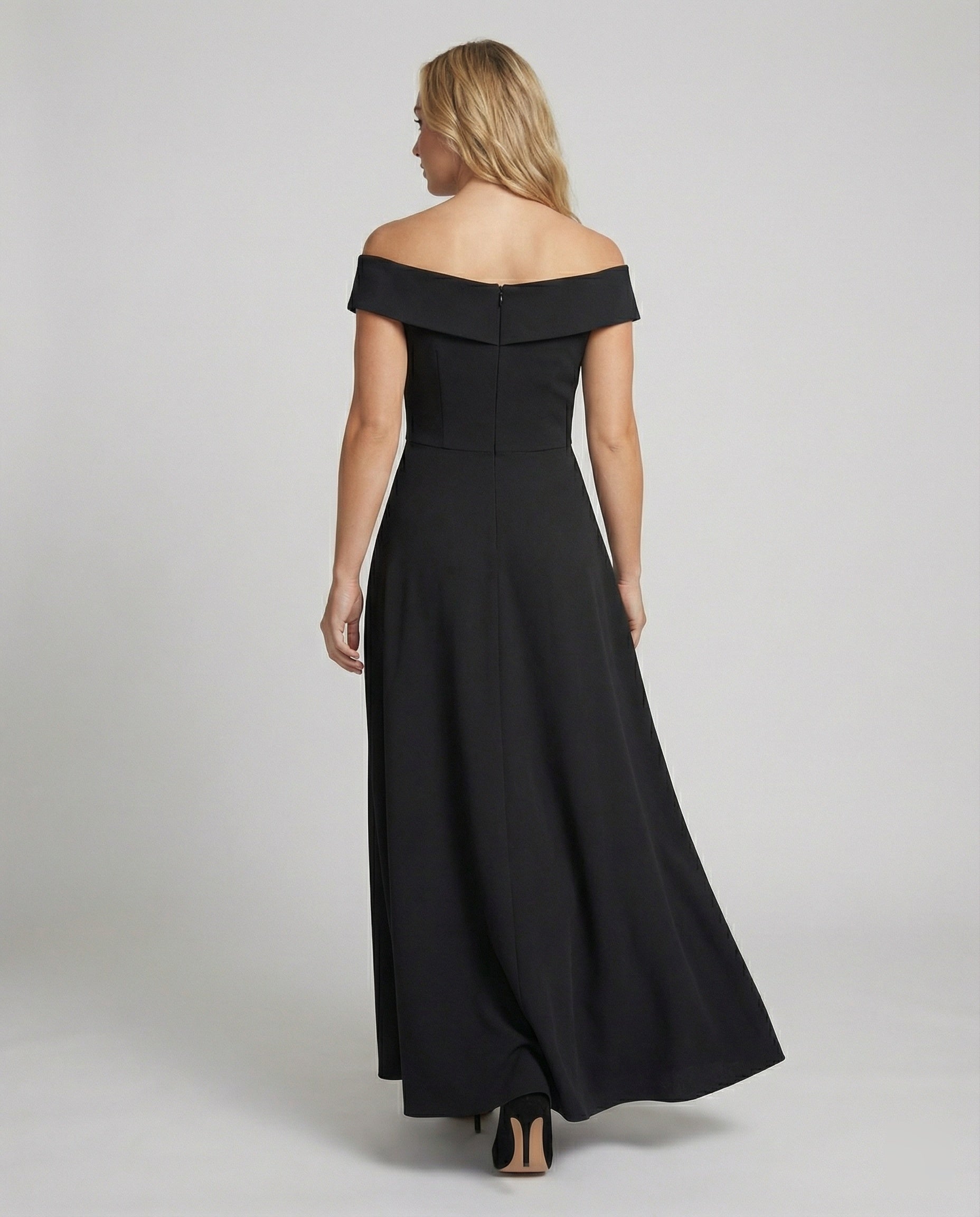 Women's off-shoulder formal occasion maxi dress, full length back view
