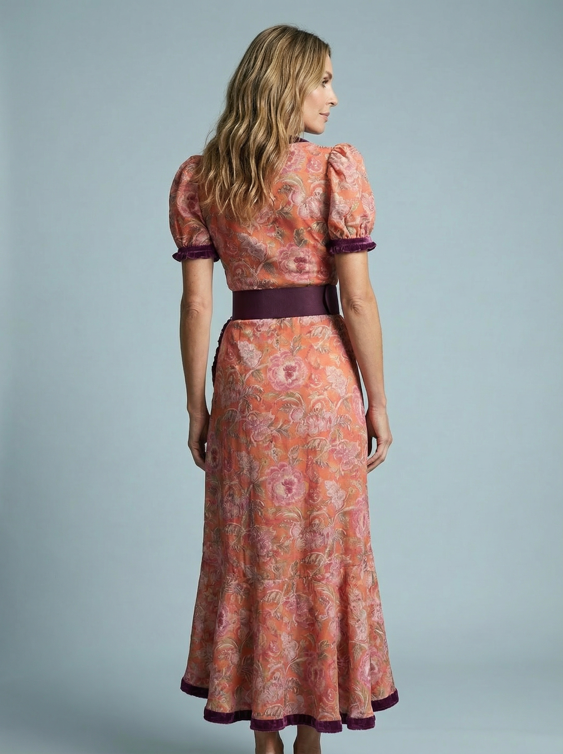 Women’s Belted Elegant Midi Dress with Puff Sleeves