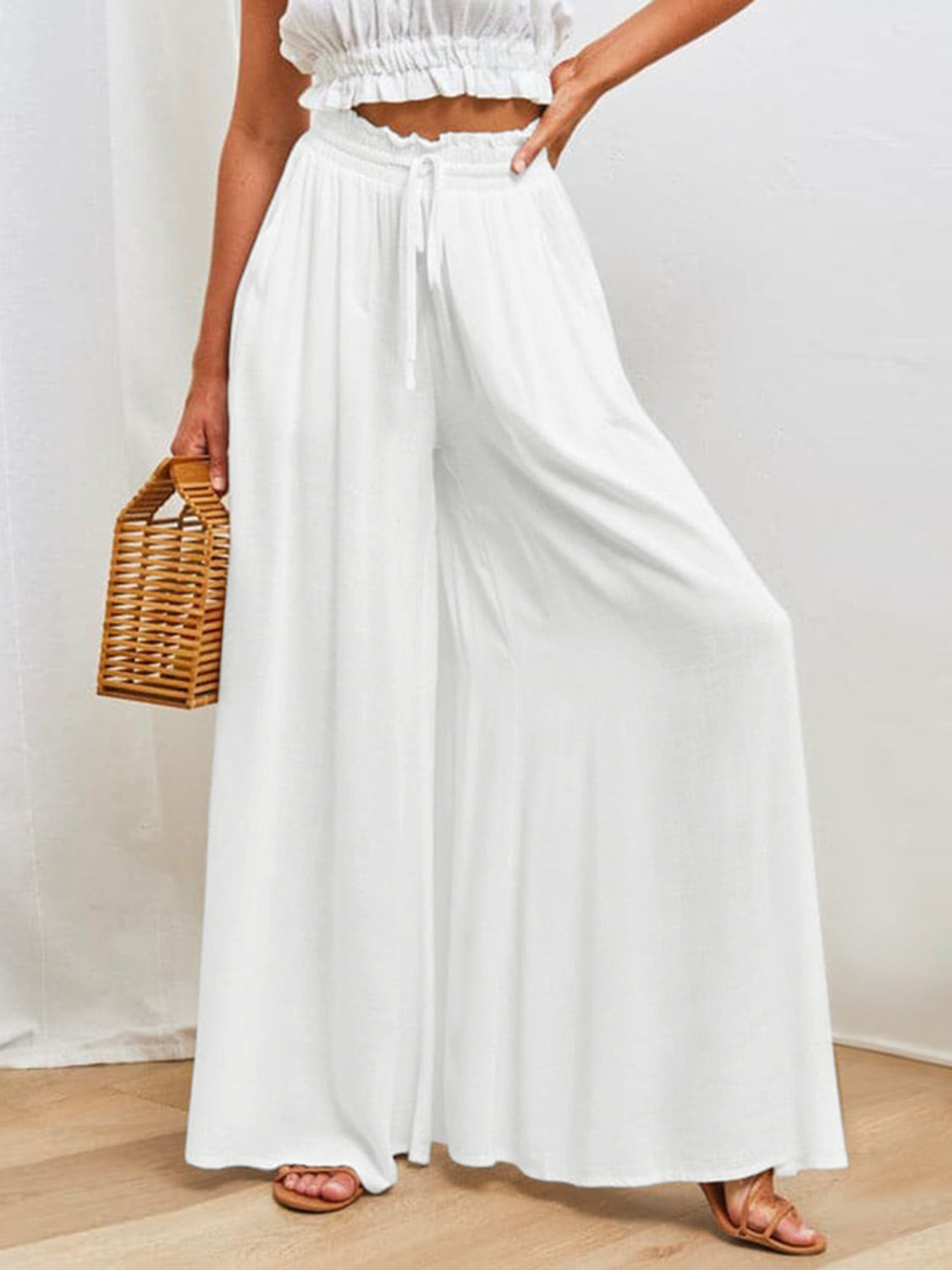 Women's Drawstring Wide Leg Trousers with Pockets – Casual