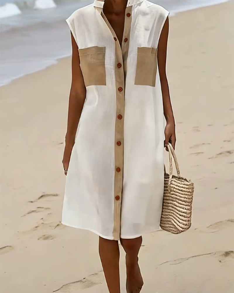 Colour Block Sleeveless Shirt Midi Dress White | Alba Muse