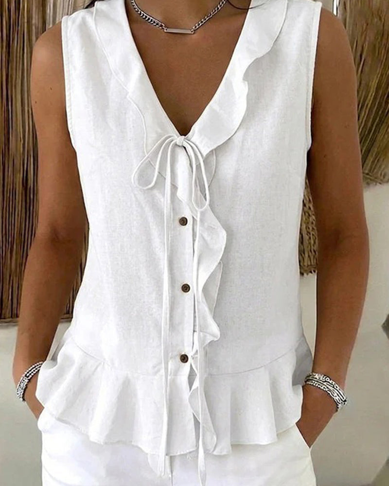 Women's Ruffle Tie-Front Sleeveless Vest — worn on model