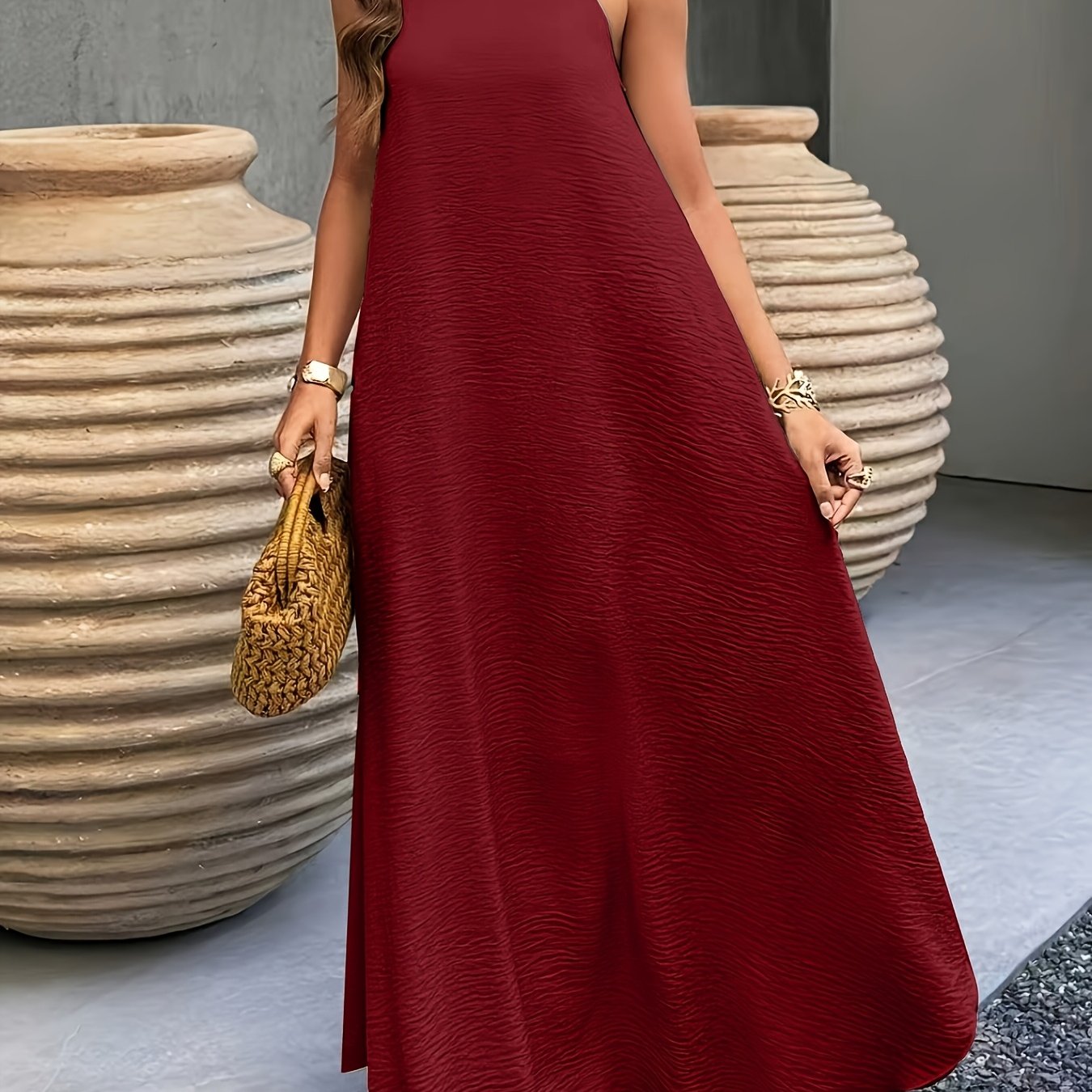 Ribbed Neckline Boho Beach Maxi Dress