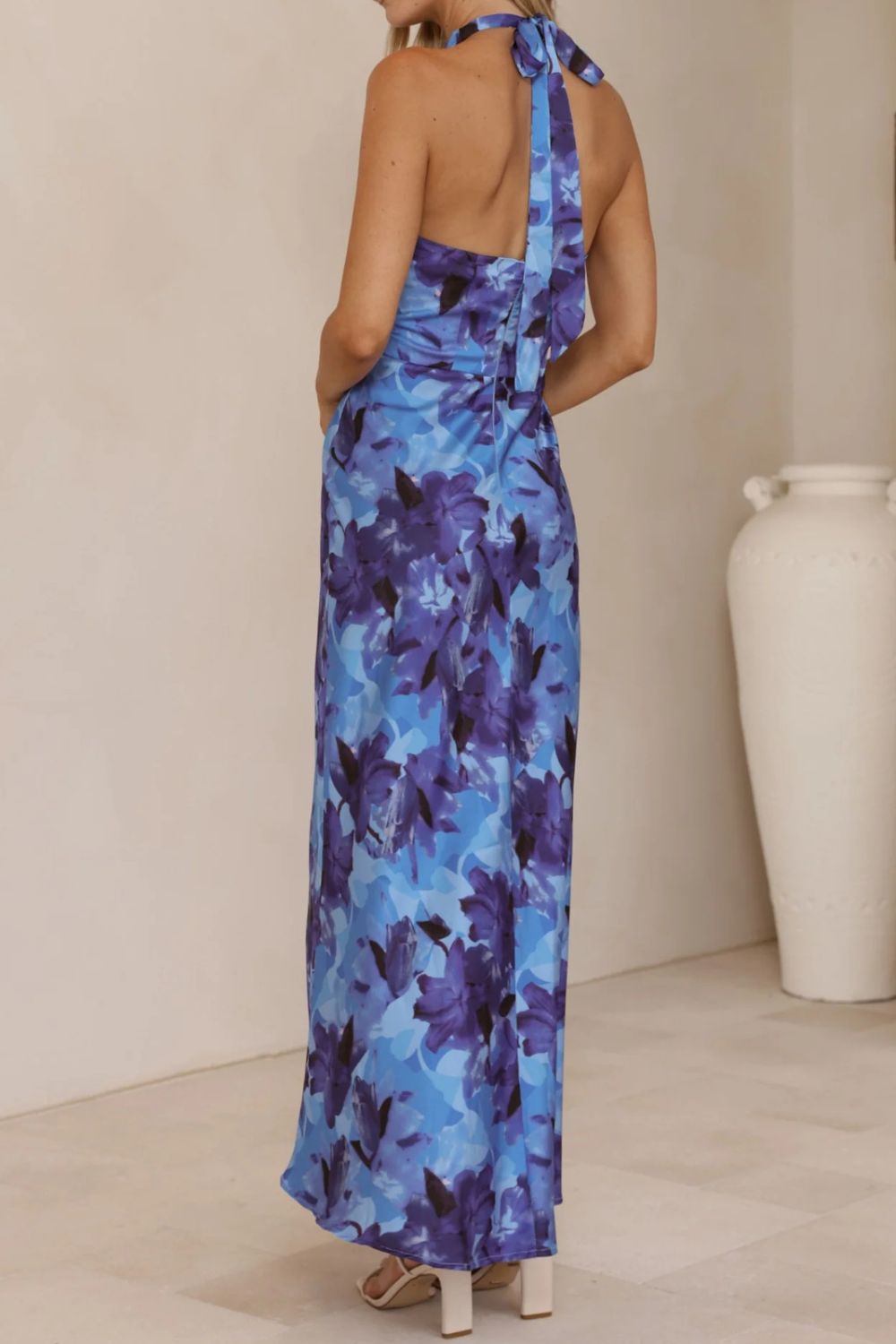 Floral Print Halter Neck Maxi Dress with Slit – Wedding Guest