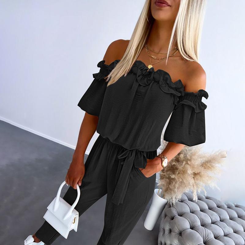 Black off-shoulder frill neckline jumpsuit, elegant all-in-one style | Alba Muse