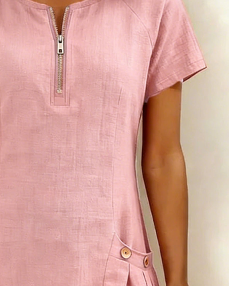 Round Neck Short Sleeve Pocket Zip Cotton Linen Dress