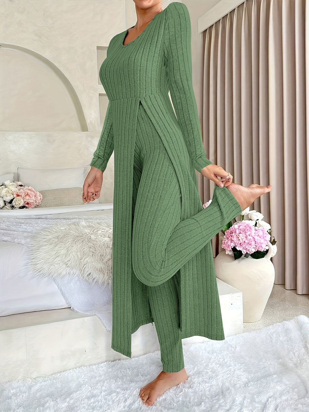 Grey ribbed long sleeve Loungewear Set