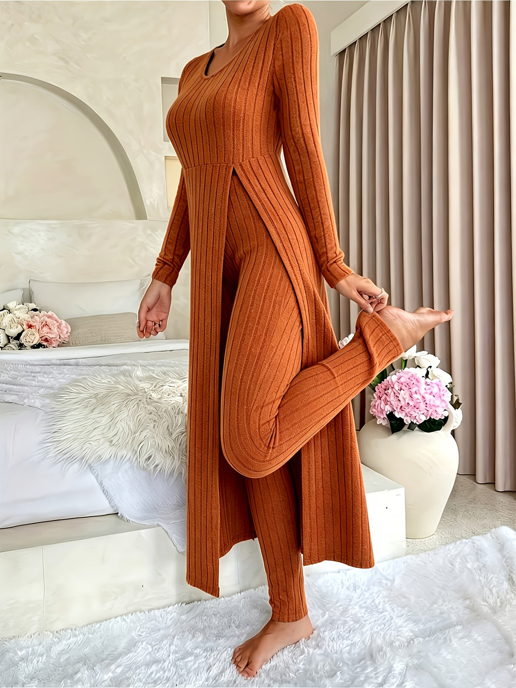 Grey ribbed long sleeve Loungewear Set