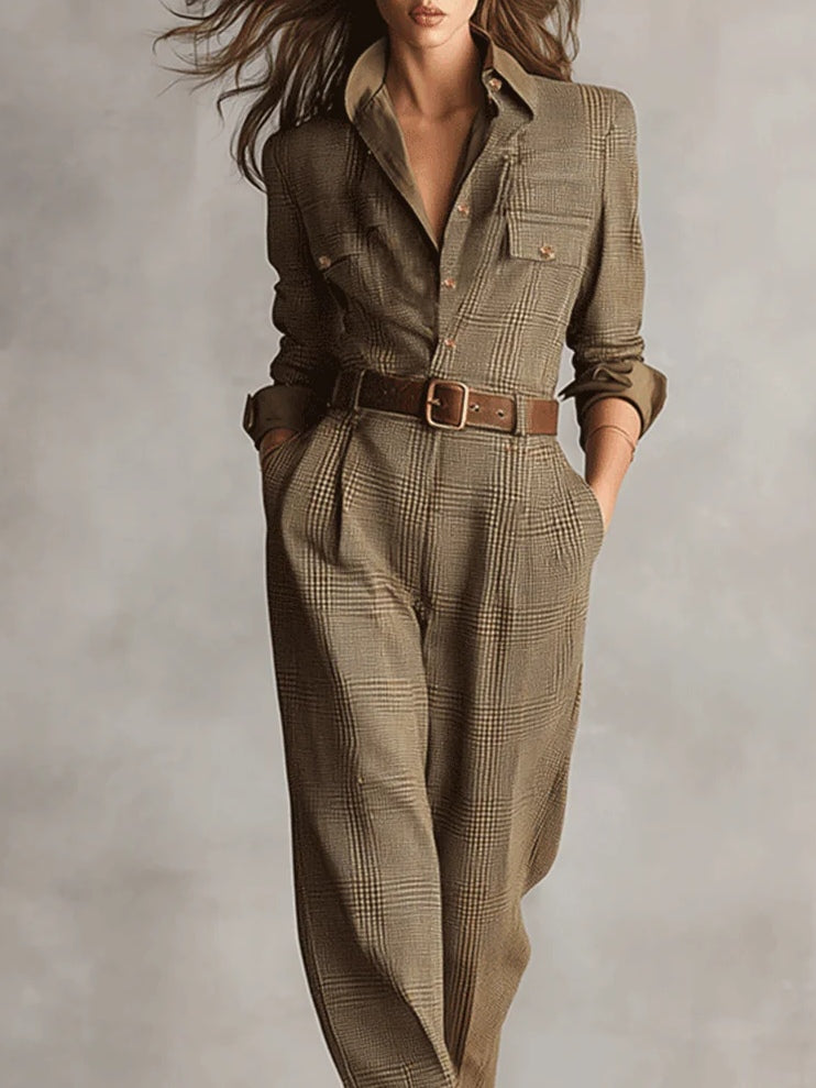 Brown Tweed Utility Jumpsuit — worn on model