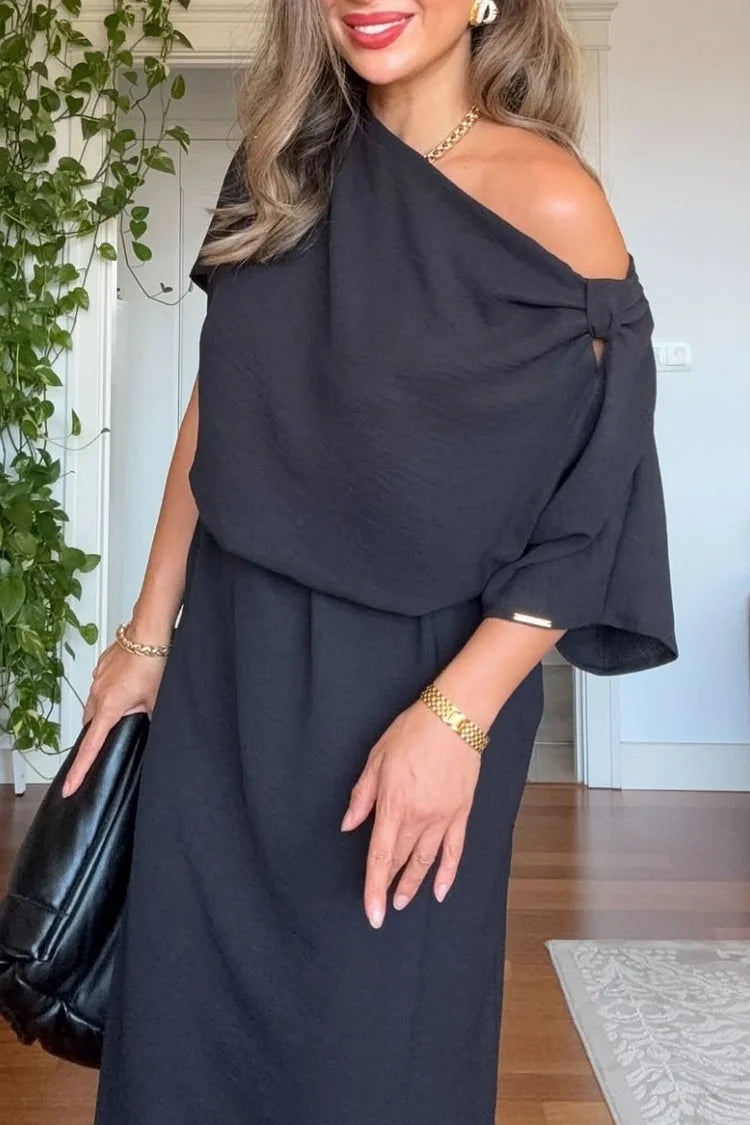 One-shoulder flowing maxi dress in black, garden party styling | Alba Muse