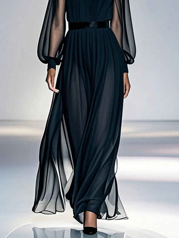 Navy blue gauze pleated maxi dress