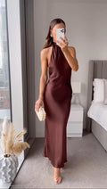 Brown satin halter wedding guest dress, front view