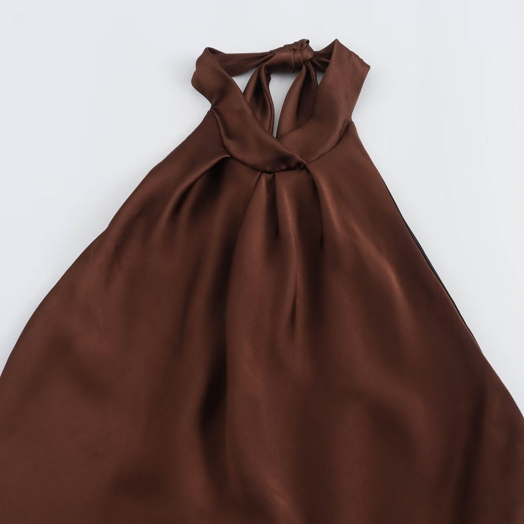 Brown satin halter dress