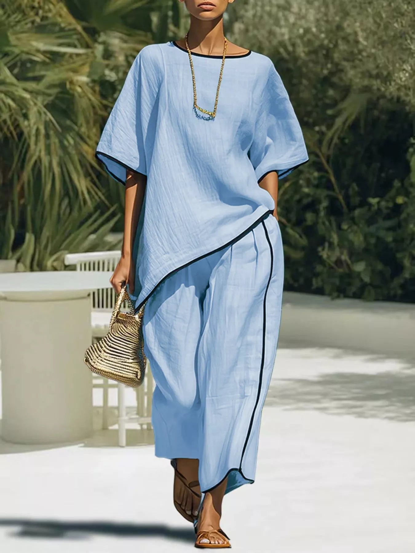 Contrast Trim Round Neck Top & Trousers Co-ord Set