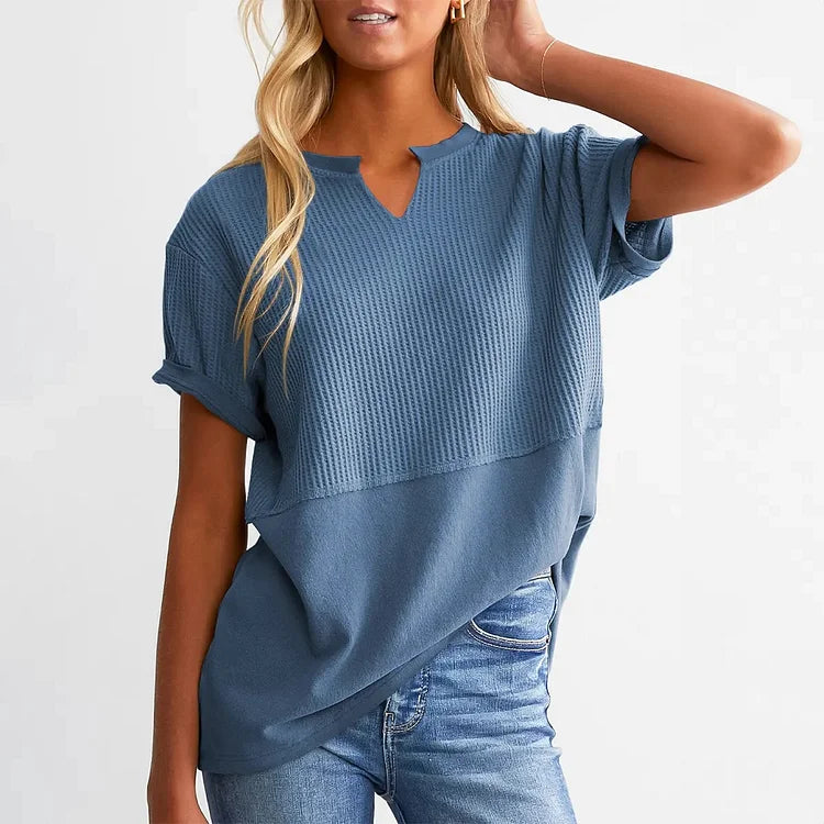 Waffle knit V-neck top, loose fit breathable summer essential | Alba Muse