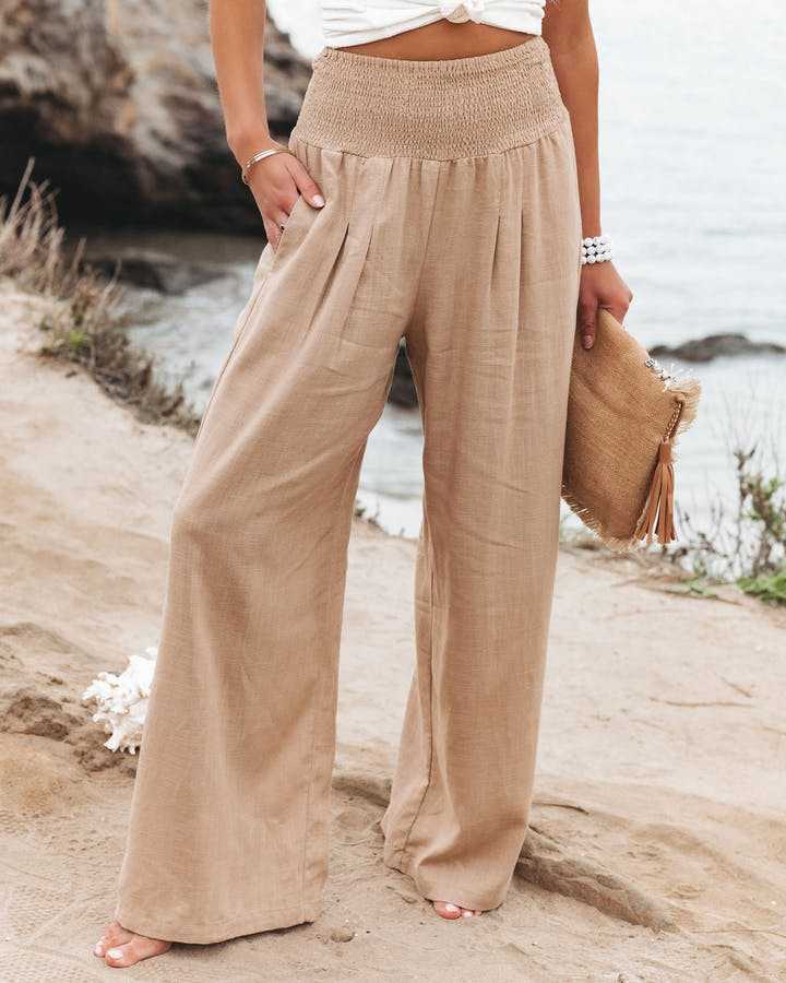 Flowing Wide-Leg Beach Pants with Elastic Waist