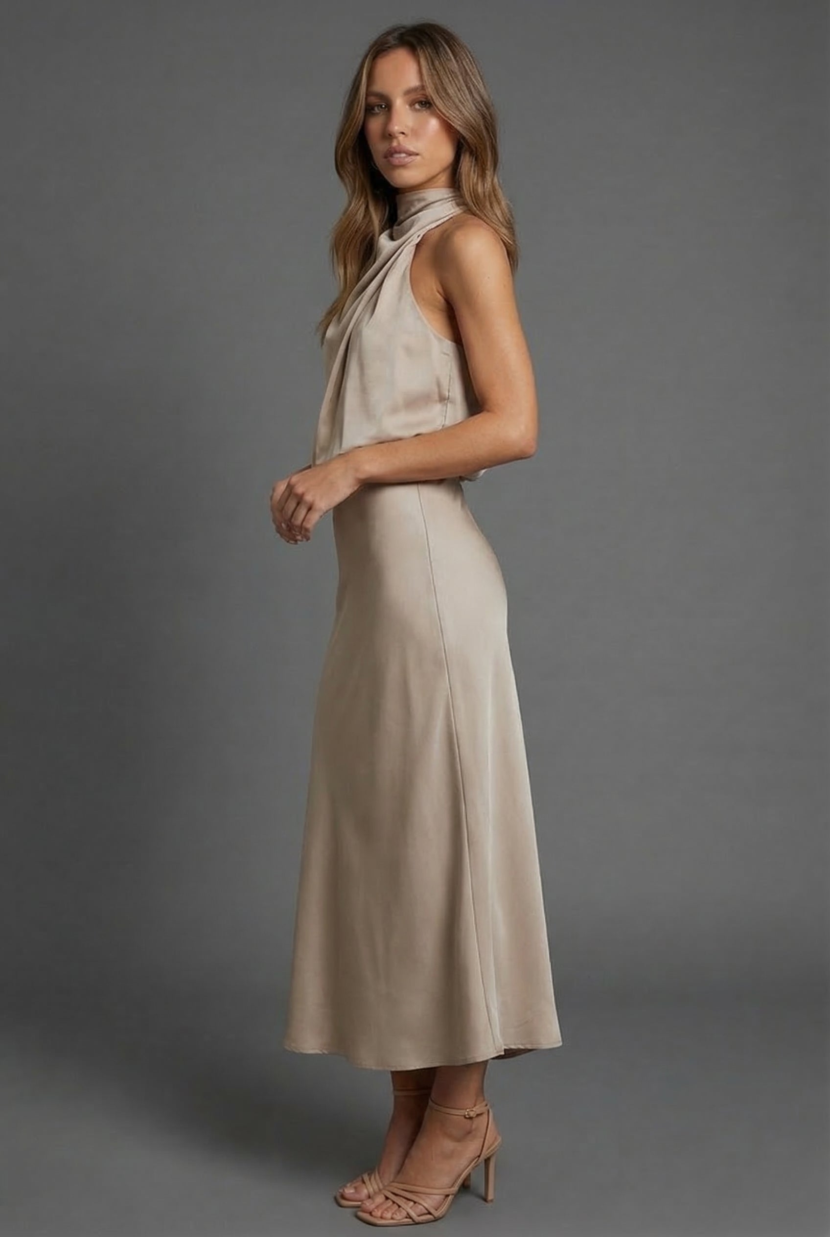 Satin-style halterneck midi dress for women – open back detail