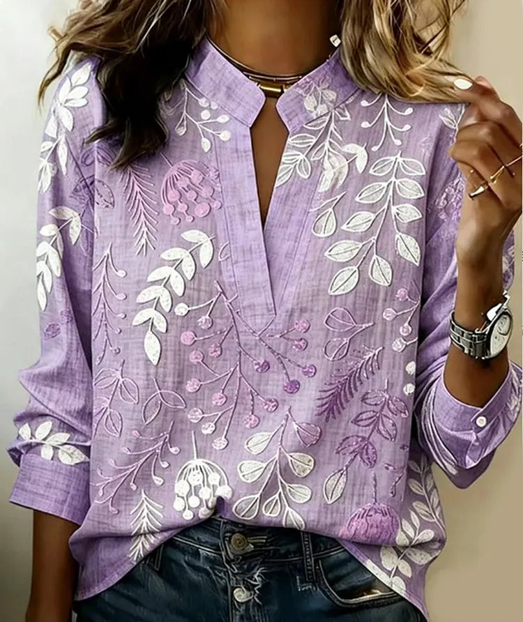 Minimalist V-neck embroidered cotton shirt in soft blue, floral stitching | Alba Muse