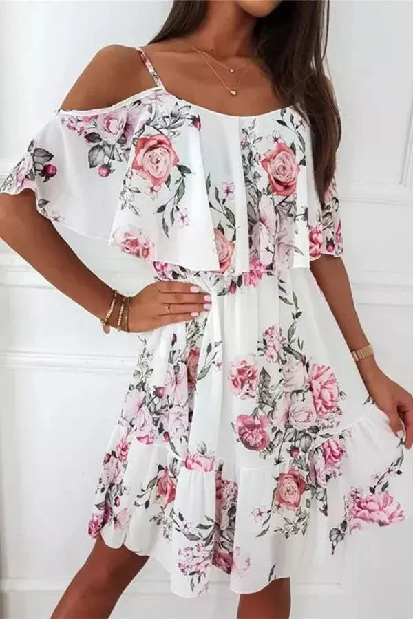 Floral print summer mini dress in blue, front view