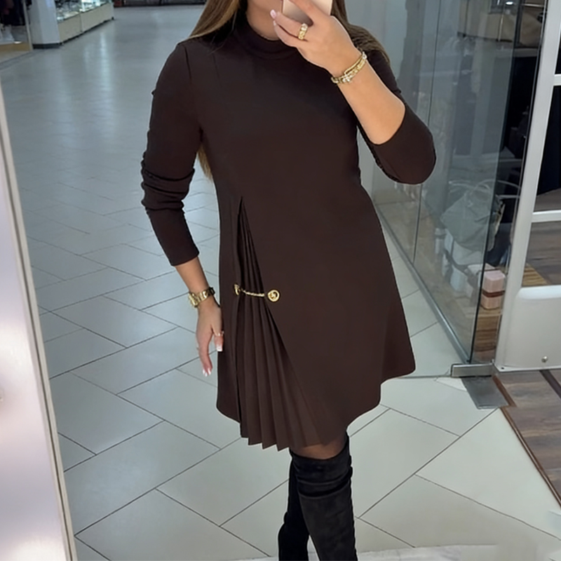 Elegant High-Neck Pleated Mini Dress — worn on model