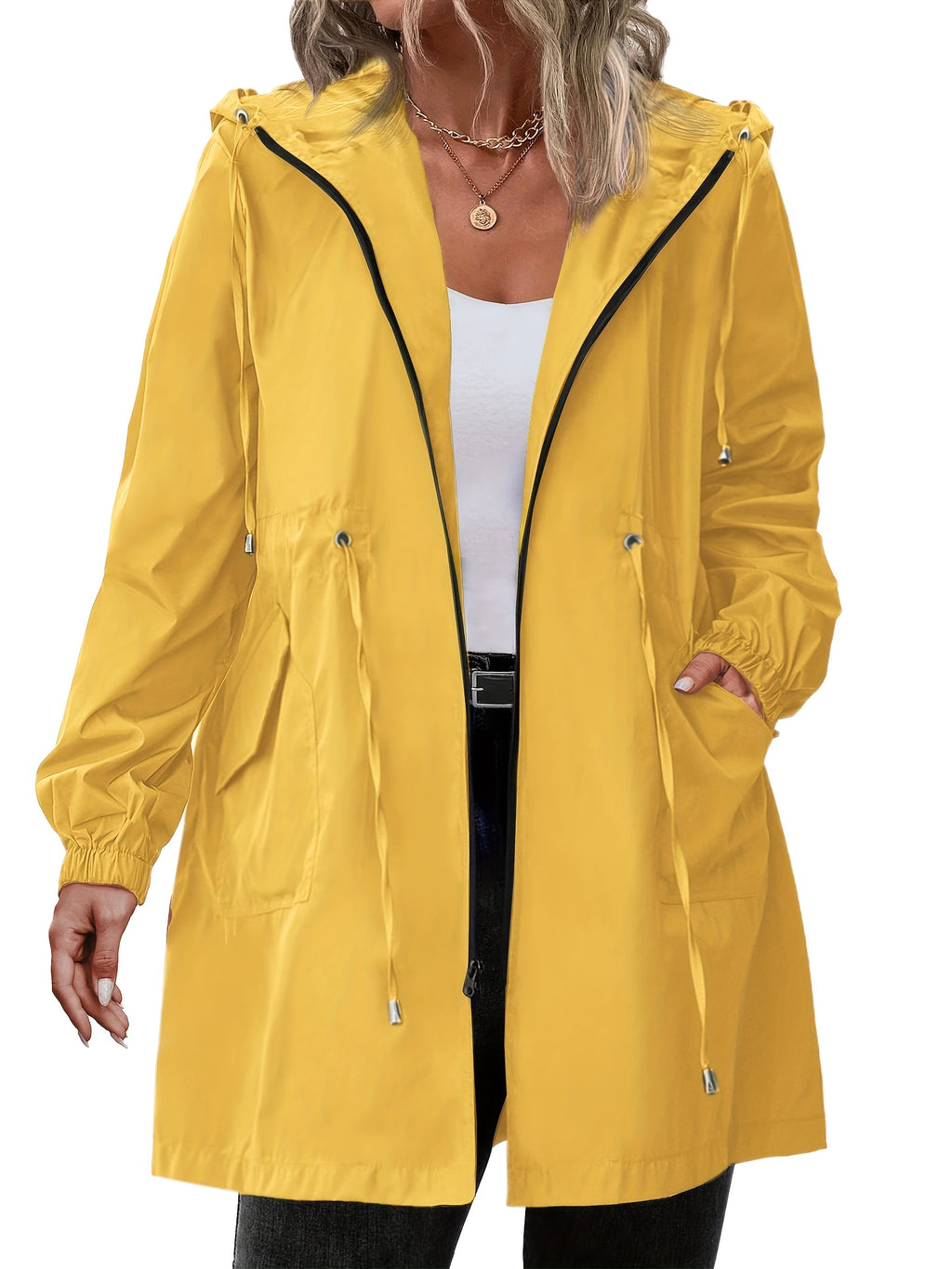 Yellow hooded plus size coat