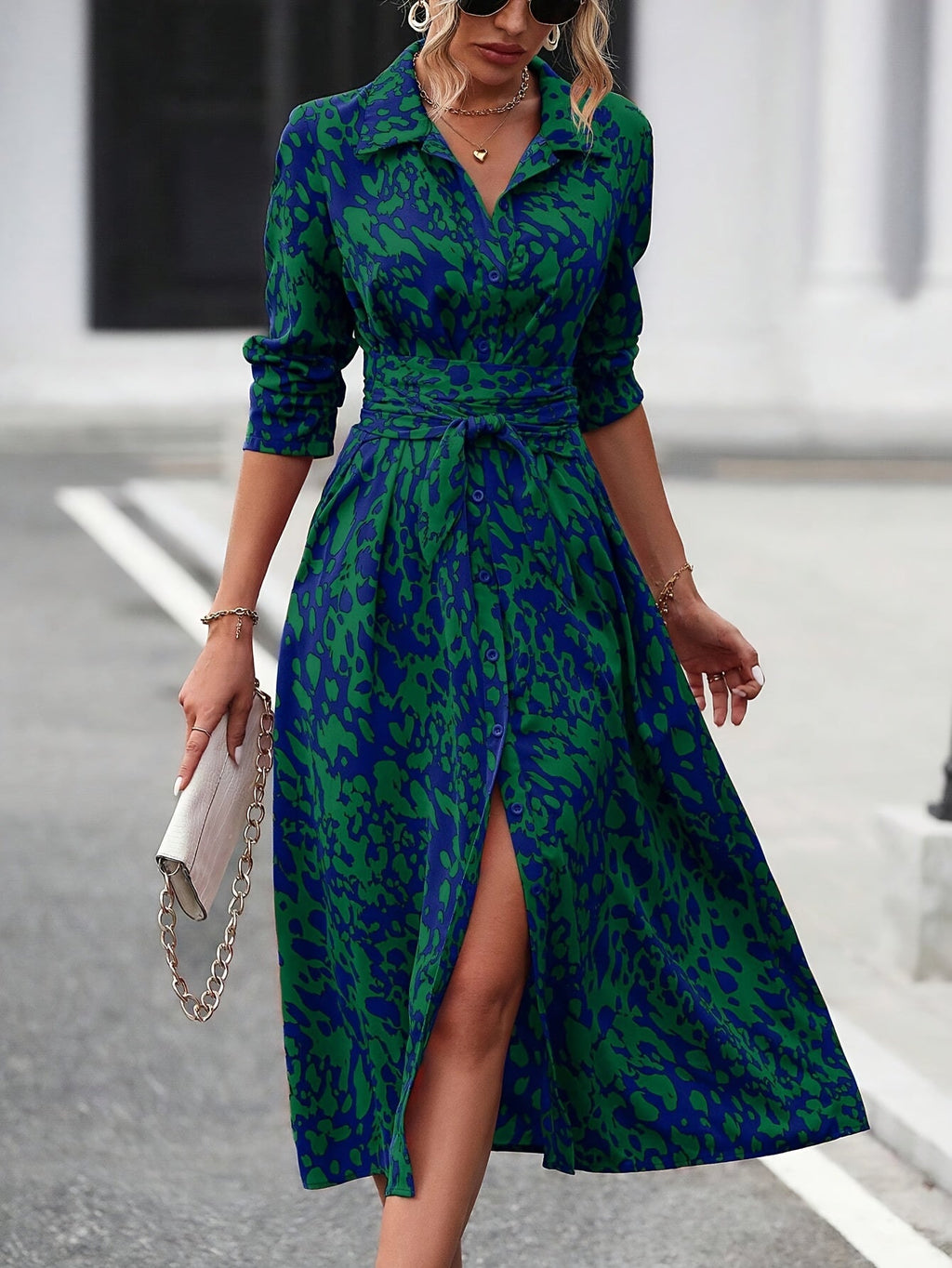 Women's elegant geometric print shirt dress, full-length front view
