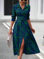 Women's elegant geometric print shirt dress, full-length front view