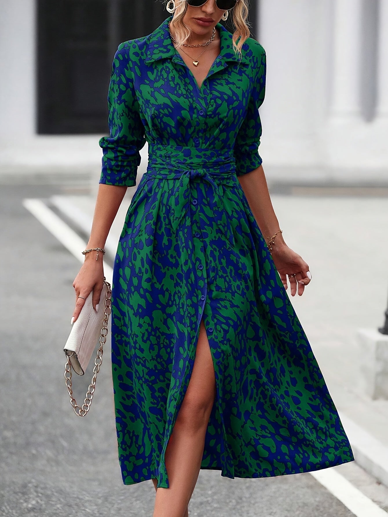 Women's elegant geometric print shirt dress, full-length front view