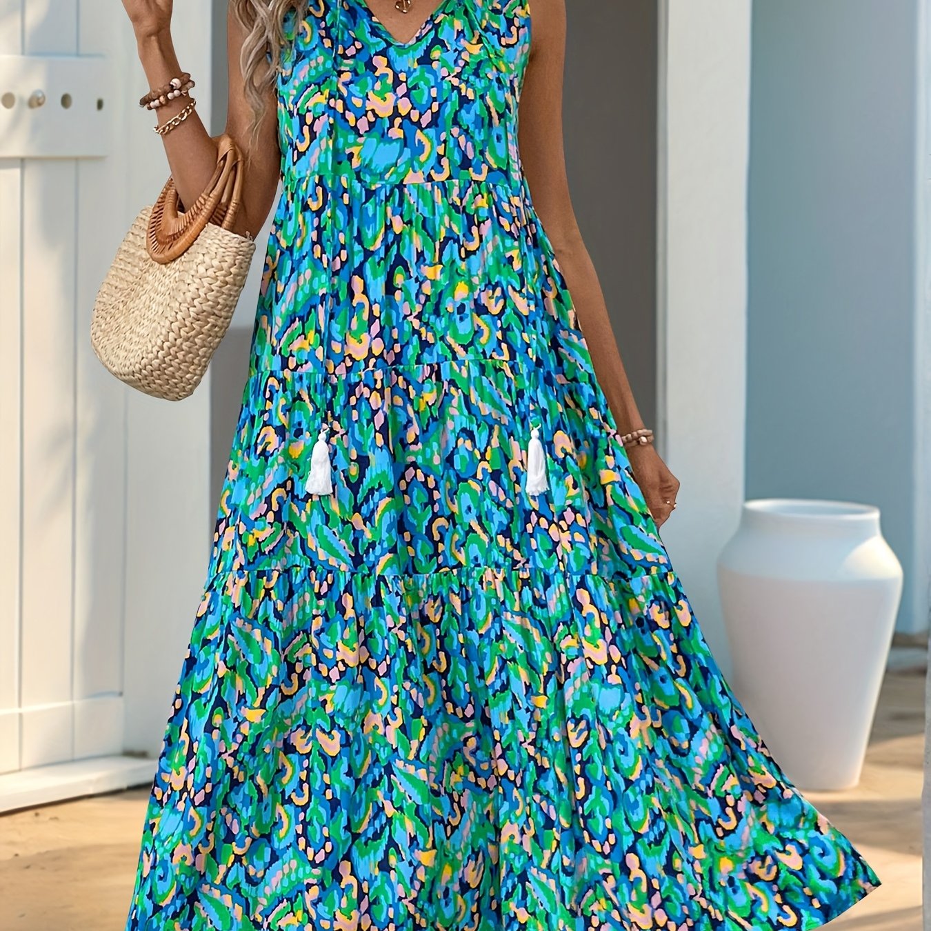 Sleeveless boho fringe tie-up printed midi dress | Alba Muse