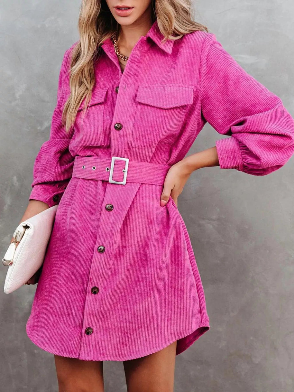 Rose Red Corduroy Shirt Shirt Dress