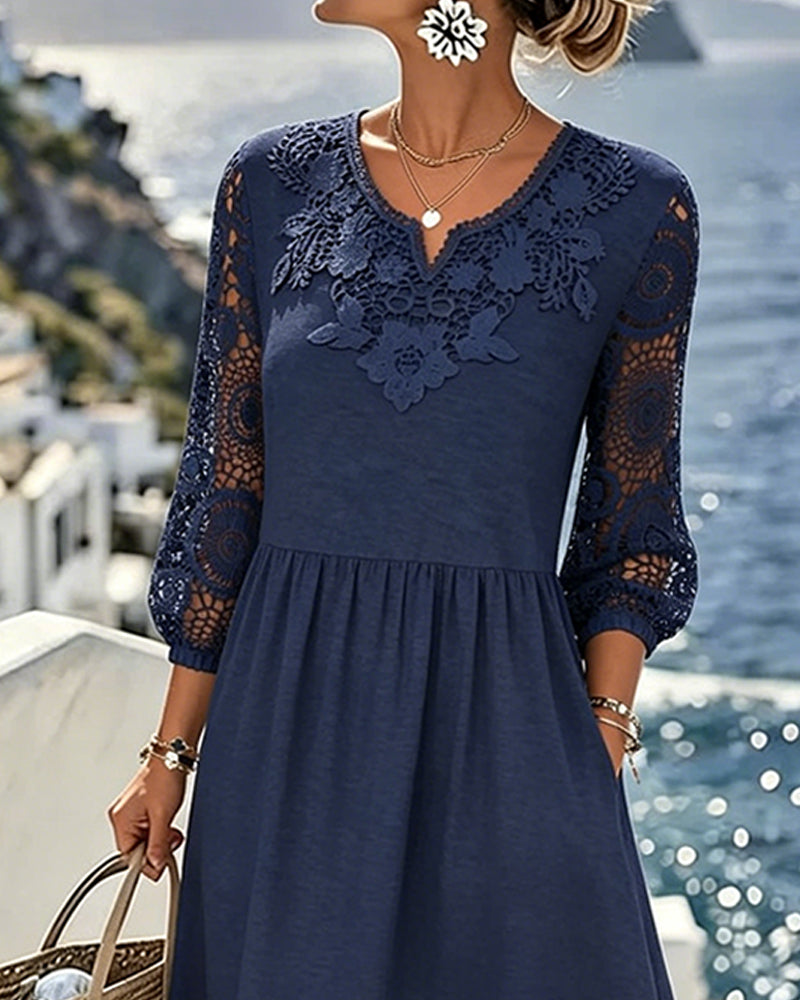 Three quarter sleeve lace patchwork midi dress, side view