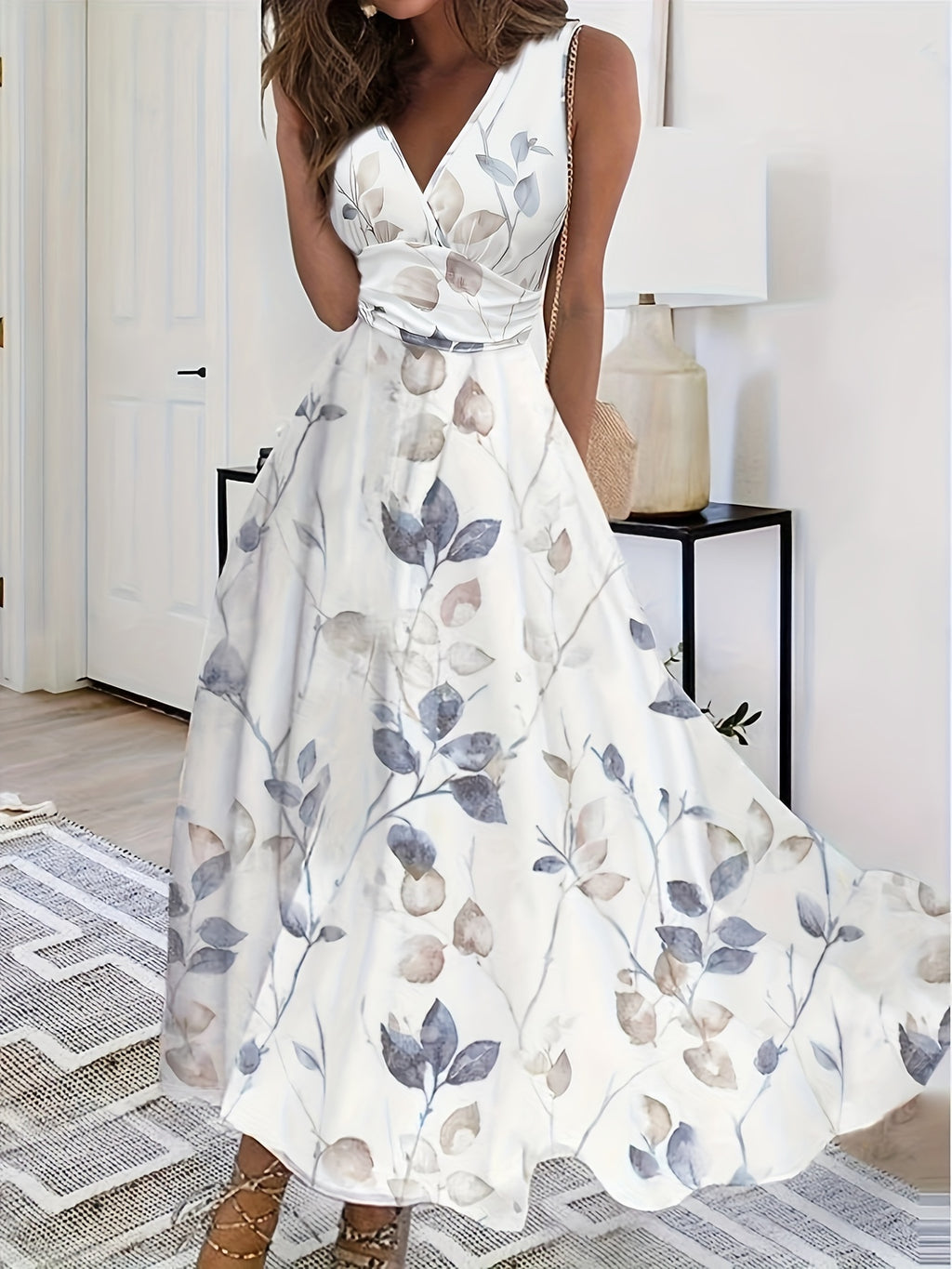 Short Sleeve Printed Floral Summer Midi Dress in Light Purple, front view