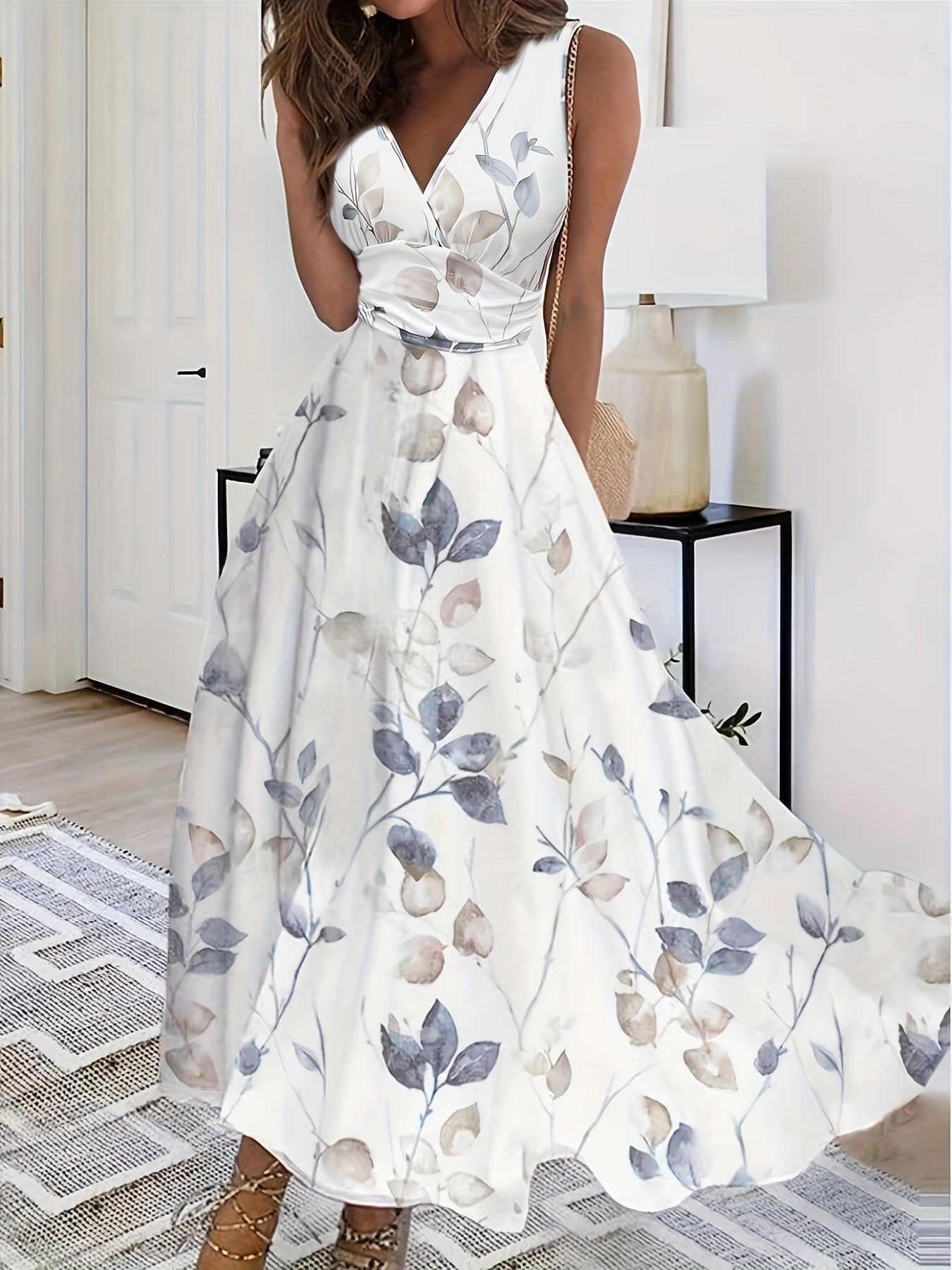 Short Sleeve Printed Floral Summer Midi Dress in Light Purple, front view