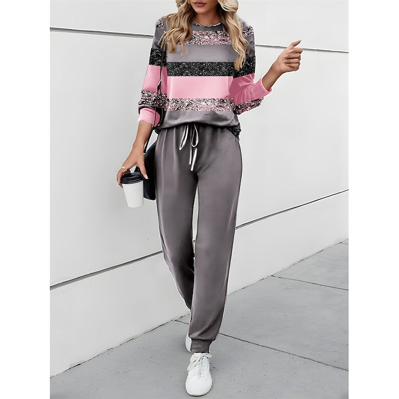 Pink colour block round-neck Co-Ord Set, front view