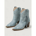 Blue Western Ankle Boots, angled view showing side tassel and embroidered stitching