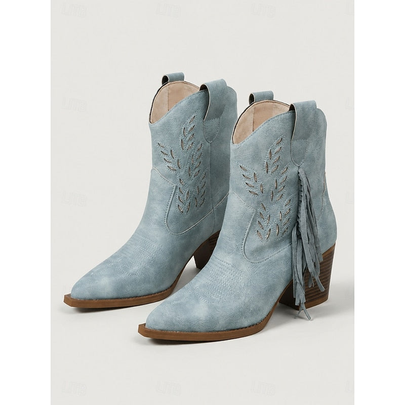 Blue Western Ankle Boots, angled view showing side tassel and embroidered stitching