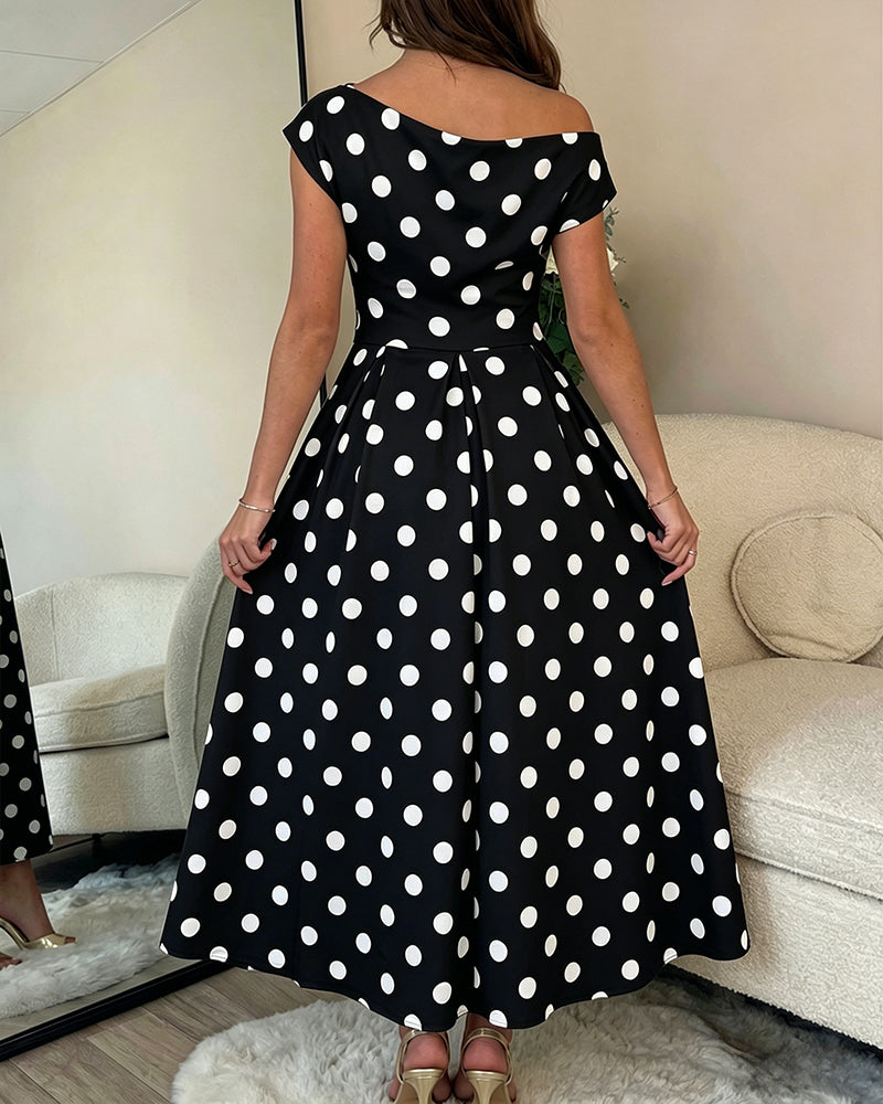 Polka Dot Ruched A-Line Maxi Dress